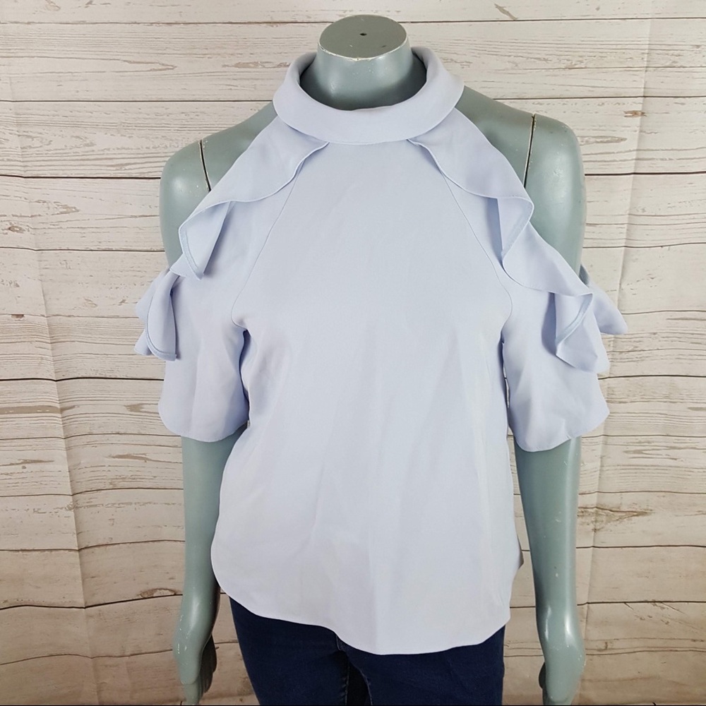 Top shop Ruffle Cold Shoulder Top Mock Neck Blue